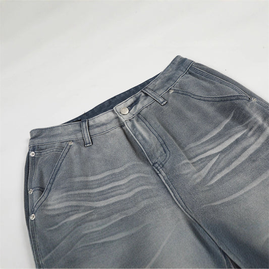 Vintage Men's Denim Pants, Bleached Multi-Pocket Straight Leg Loose Fit Design