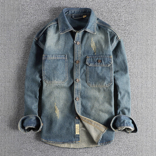 Sleeve Patchwork Vintage Washed Denim Shirt Loose Fit
