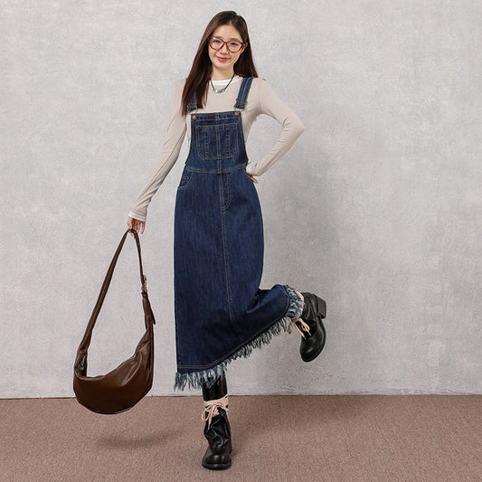 Retro Denim Pinafore Dress for Women with High Waist and Loose Fit