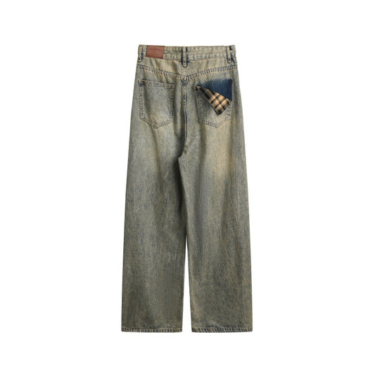 Japanese Retro Loose Straight Leg Denim Pants in Rust Yellow