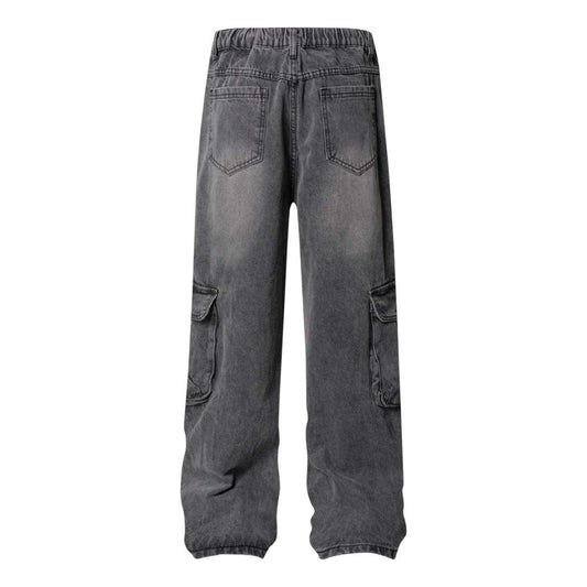 High Street Washed Vintage Multi-Pocket Denim Work Pants - Unisex Loose Wide Leg Trousers