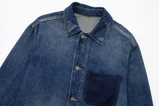New Denim Jacket with Turn-down Collar and Big Pockets
