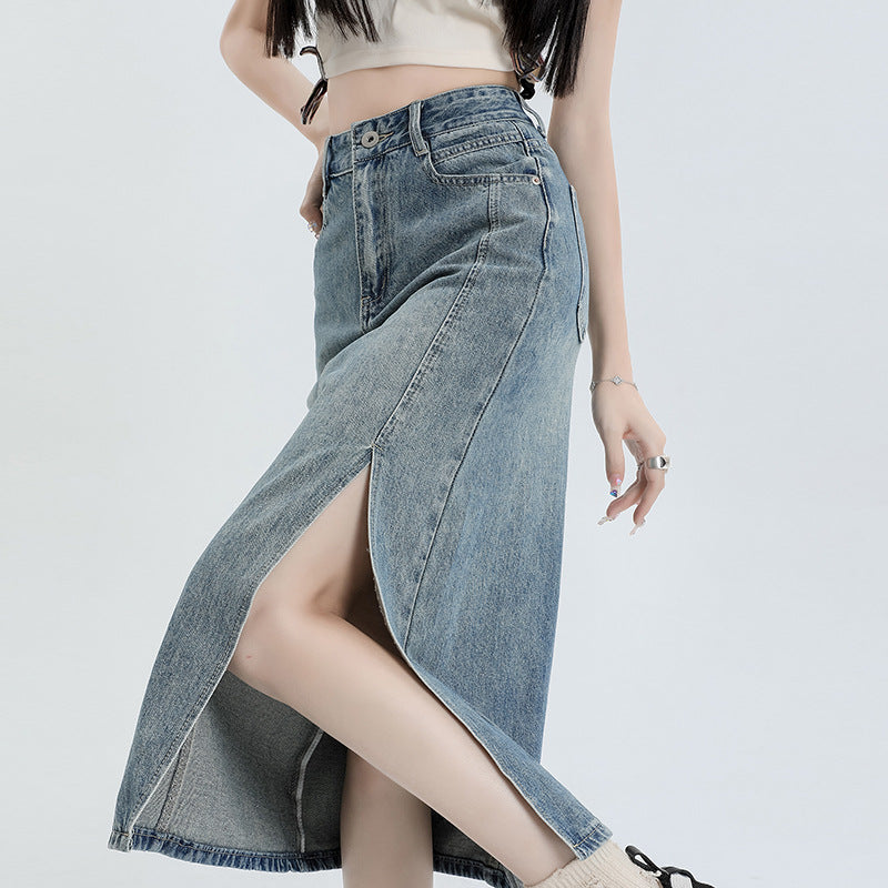 Women's High Waist Slit Denim A-Line Midi Skirt with Loose Fit for Summer