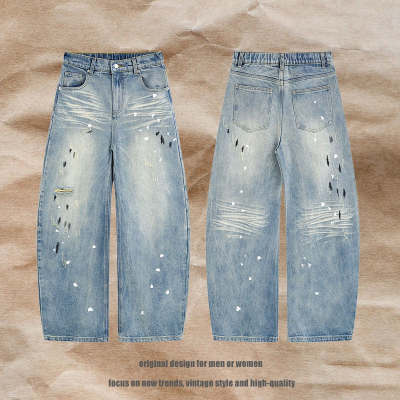 Slashed Denim Pants Water Washed Loose Straight Wide Leg Denim Trousers for Men