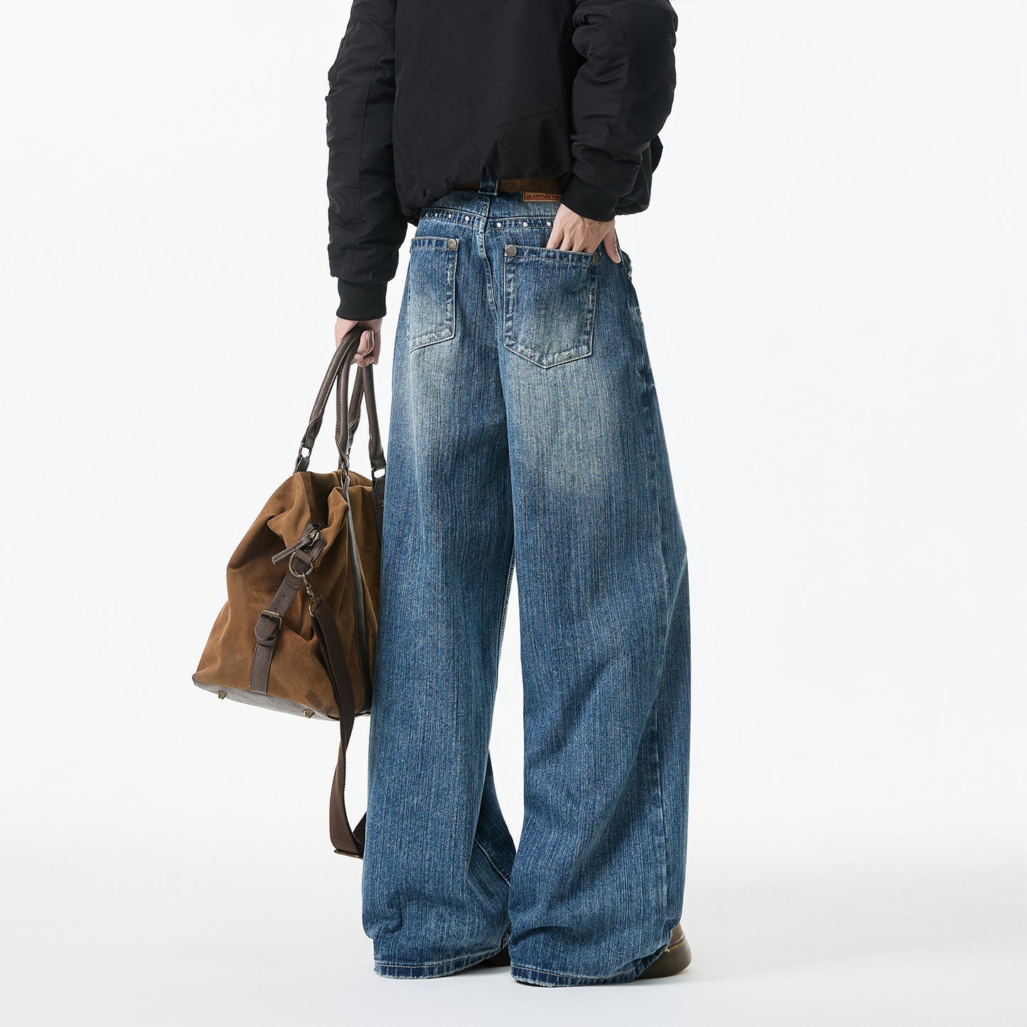 Retro Washed Denim Men's Straight Leg Loose Rivet Pants