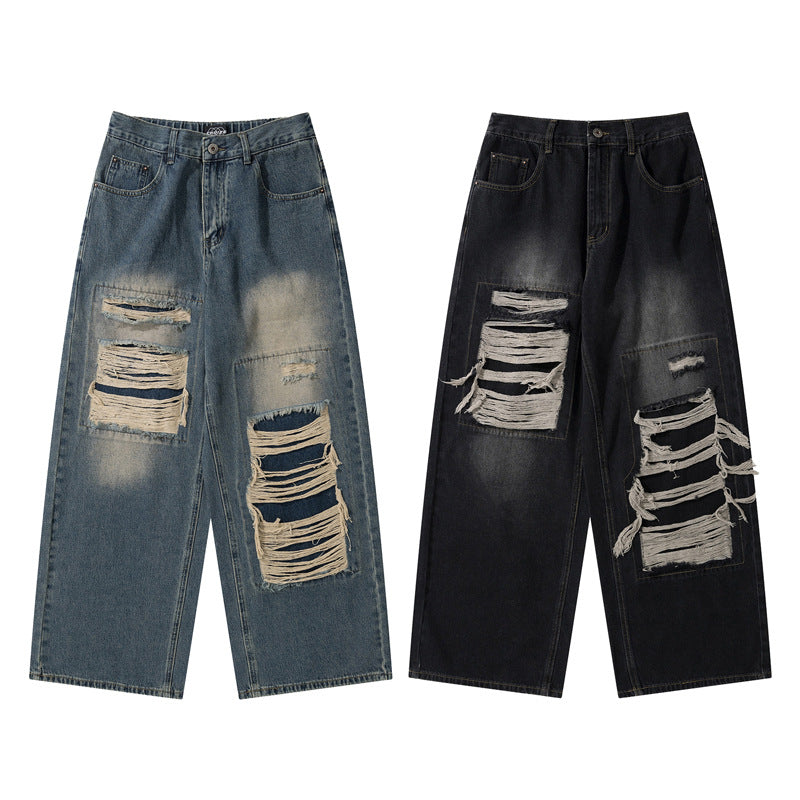 Retro Patchwork Distressed Design Unique Denim Pants Unisex Loose Straight Leg Trousers