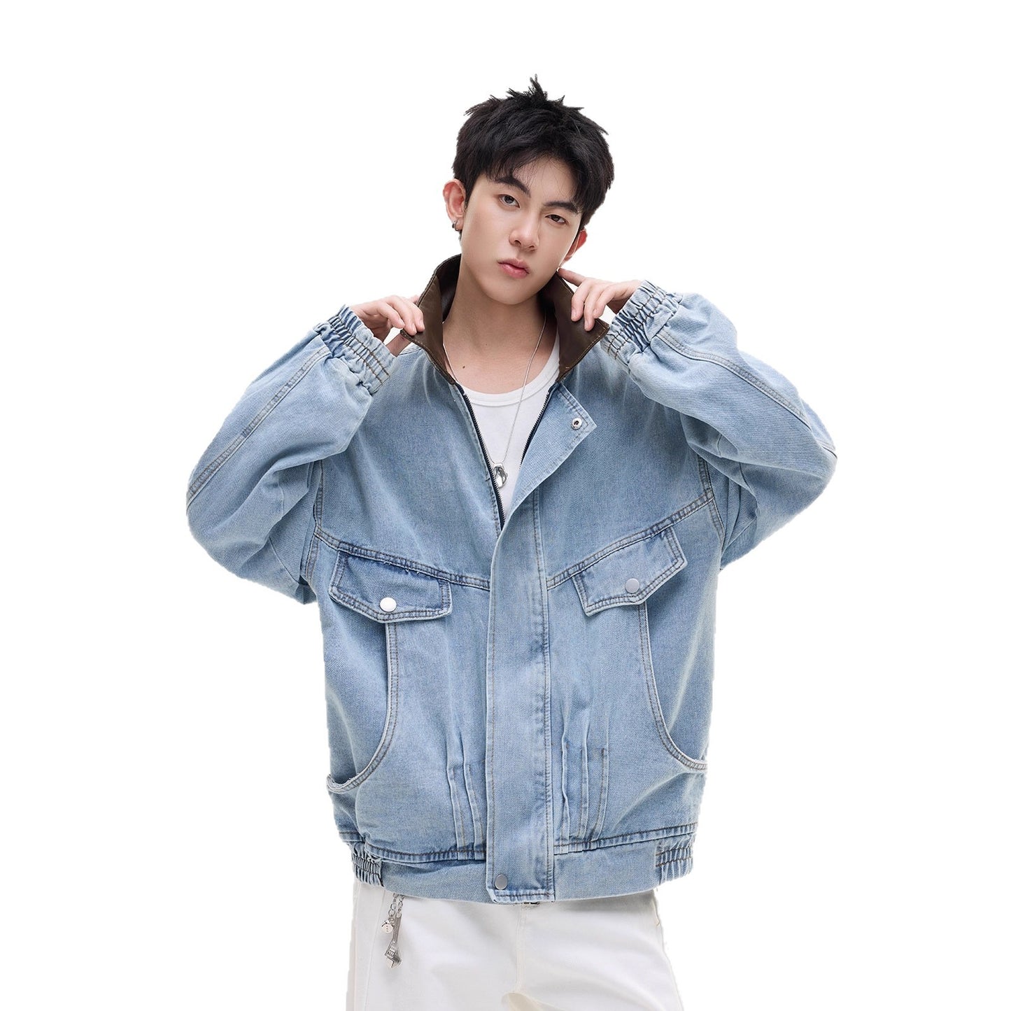 Washed Distressed Patchwork Leather Collar Denim Jacket Men