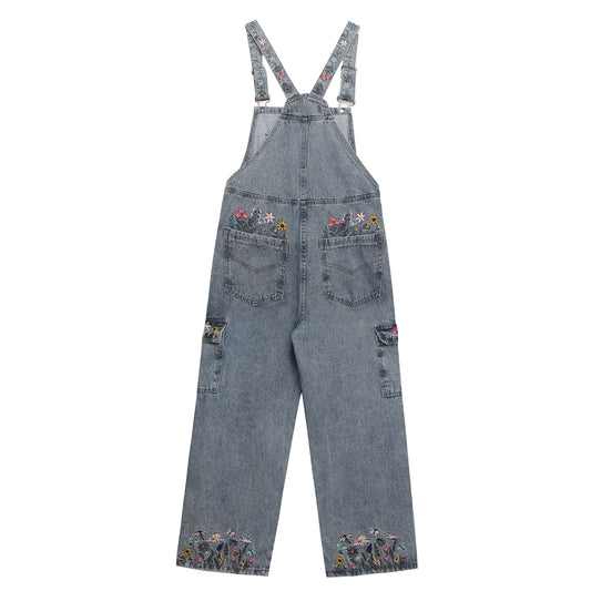 Washed Floral Letter Embroidery Denim Overalls Unisex High Street Retro Loose Jumpsuit