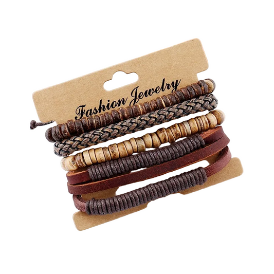 Minimalist Retro Set Bracelet - Woven Cowhide Bracelet Coconut Shell Bracelet for Men