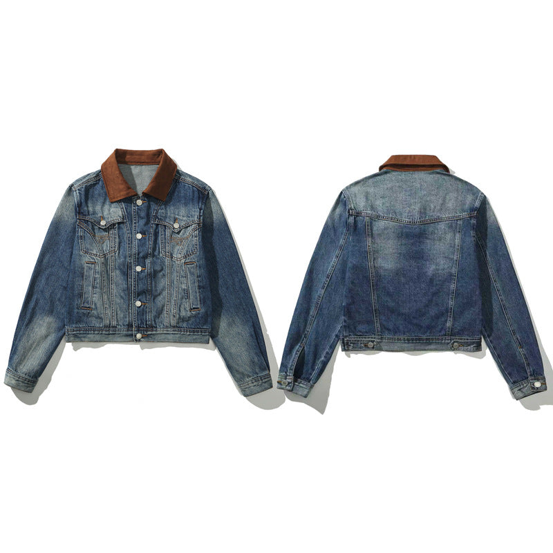 Versatile Suede Collar Washed Blue Loose Denim Jacket