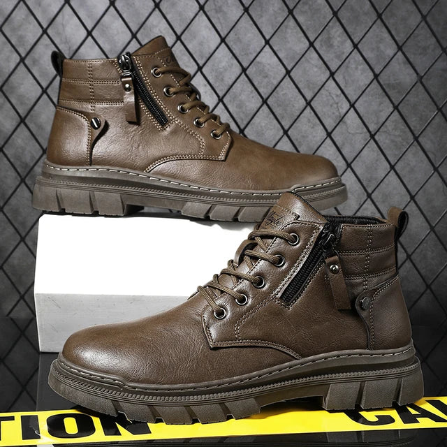 Men's Retro Leather Work Ankle Boots Thick Bottom - High Top