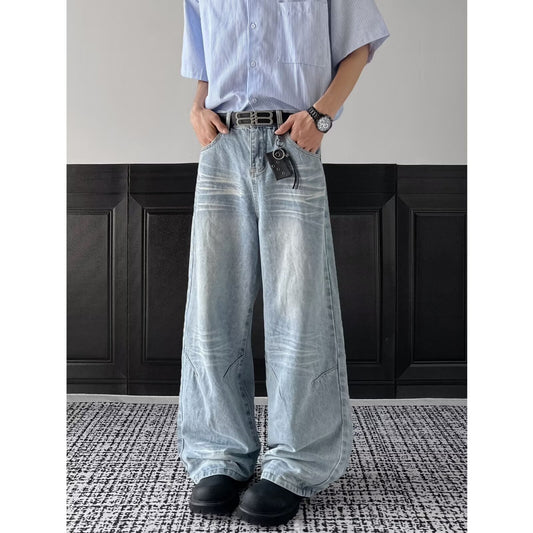 Wash Ground White Light Blue Loose Straight Leg Jeans
