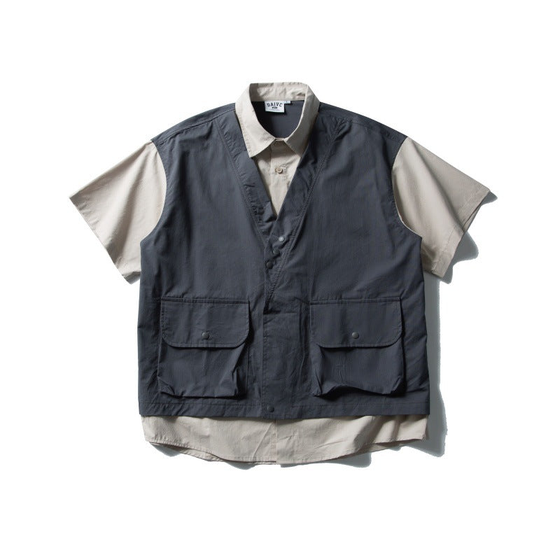 Retro Contrasting Color Splicing Fake Two-Piece Design Loose Workwear Shirt for Men