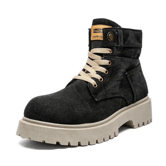Men's Retro Washed Denim High Top Boots with Thick Sole