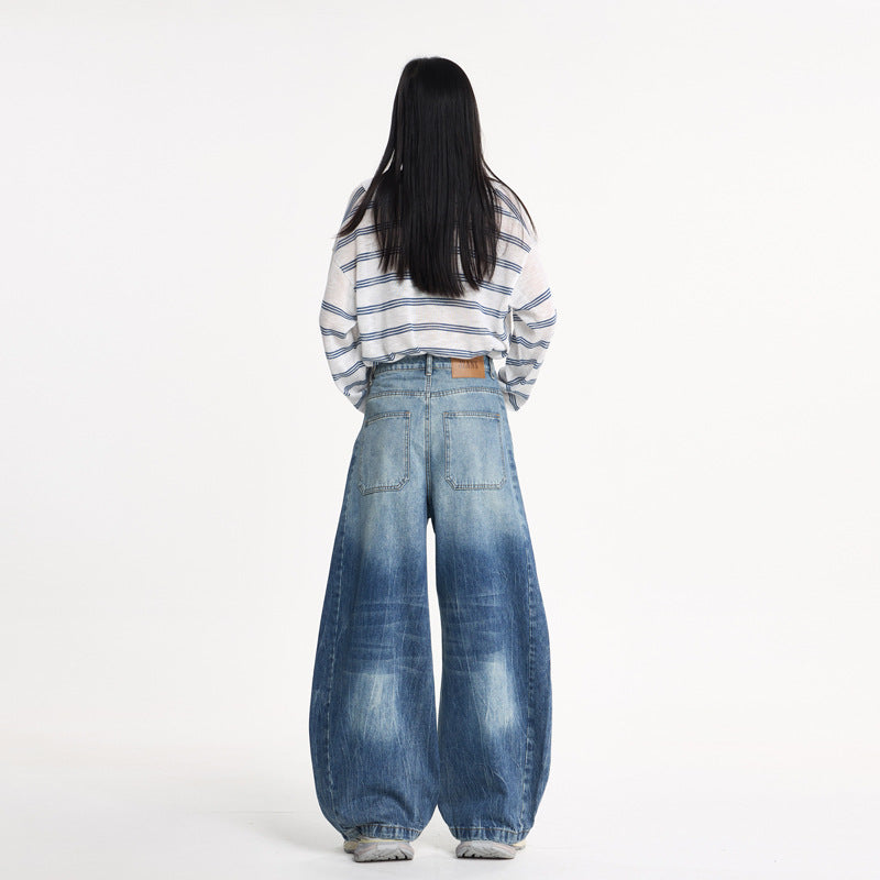Washed Cracked Knife-Edge Denim Pants for Women - Loose Casual Wide-Leg Design