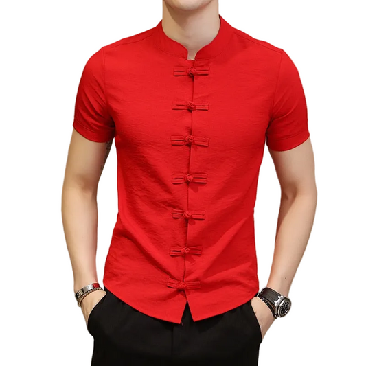 Men's Chinese Style Linen Slim Fit Casual Short Sleeve Shirt