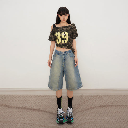 Women's Loose Wide-Leg Denim Shorts with Gradient Finish