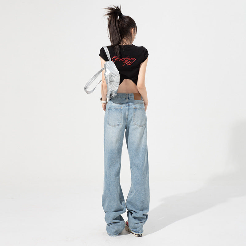 Women's Light Blue Slim High Waist Loose Wide Leg Floor-Length Pants