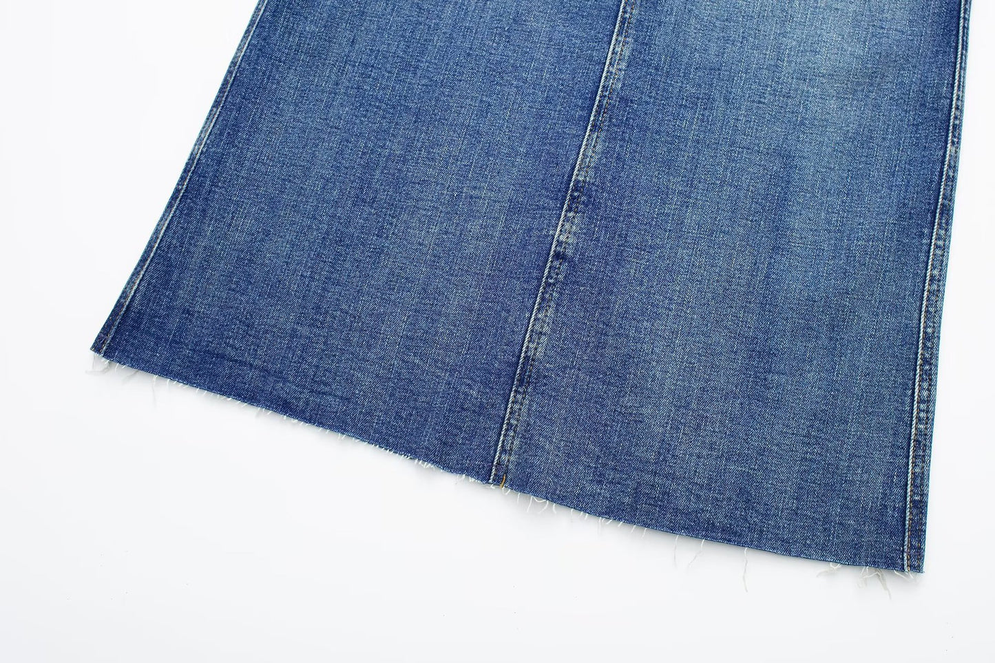 Women's High-Waisted Blue Denim Midi Skirt with Slit and Pockets