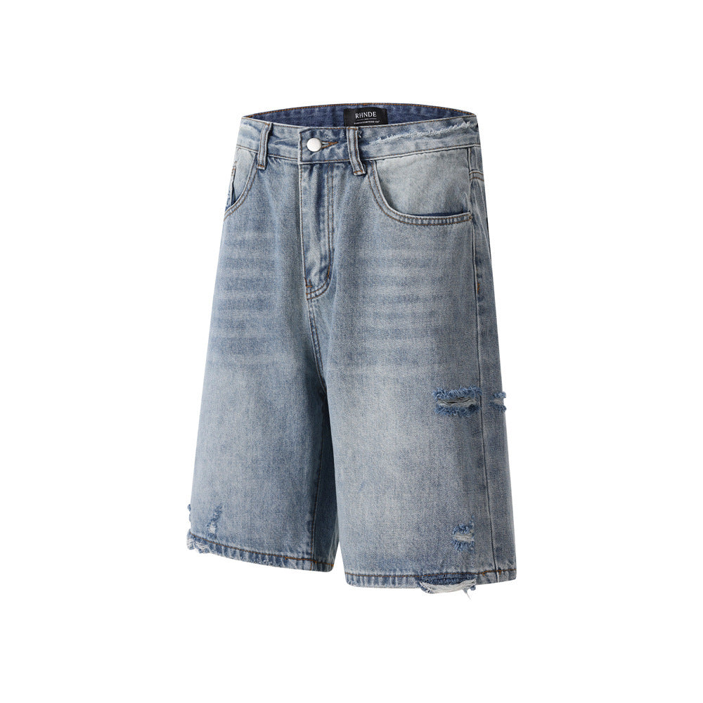 Men's Distressed Denim Shorts — Loose Fit Mid Waist Zipper Fly (Ripped Blue)