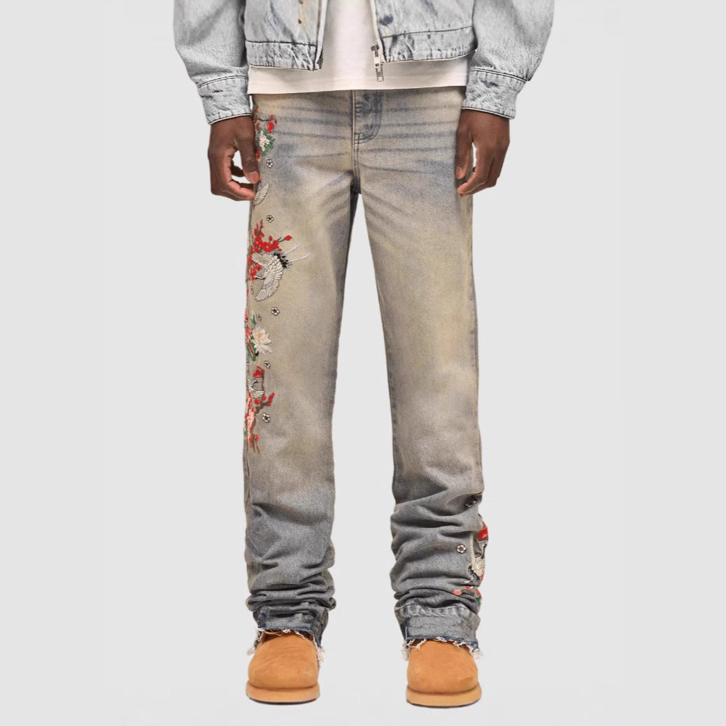 Men's Denim Straight Leg Jeans - Street Fashion Elastic Patchwork