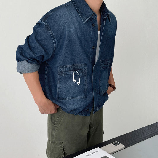 Casual Washed Denim Long Sleeve Shirt Men Loose Fit Commuter Retro Outfit