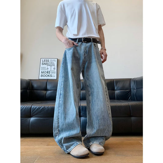 Washed Curved Knife Denim Casual Wide Leg Banana Pants