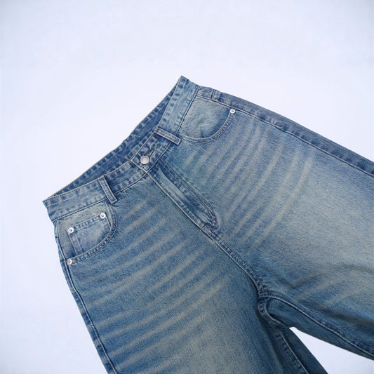 Vintage Men's Jeans, Washed Cat-Whisker Straight Leg, Casual Loose Fit