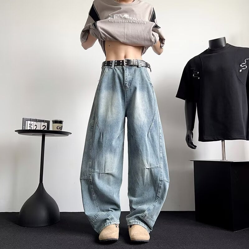 Casual Patchwork Washed Leather Loose Straight Leg Pants