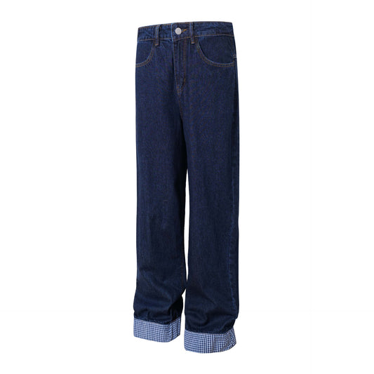 Unisex Color Block Embroidery Denim Pants - Loose Wide Leg Trousers