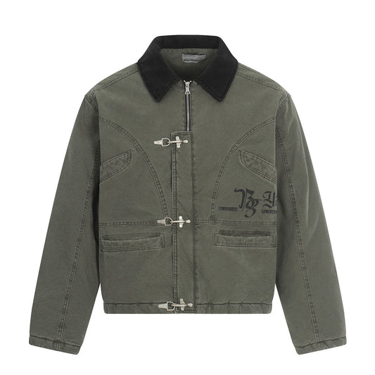 Men's Streetwear Cotton Coat, Turn-Down Collar, Distressed Patchwork Design