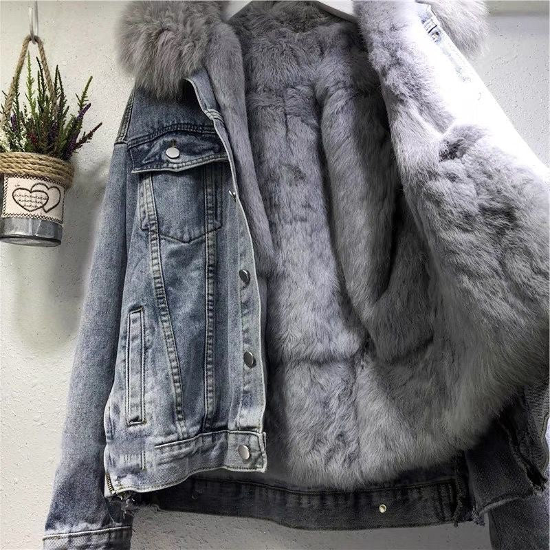 Velvet Cotton Coat with Denim Fur Collar