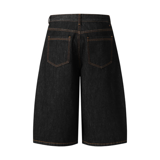 Unisex Curved Knife Denim Embroidered Mid-Length Shorts