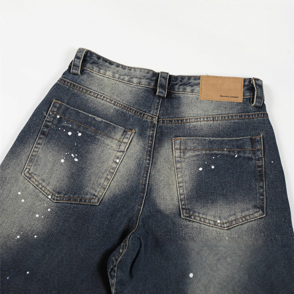 Men's Denim Pants, Distressed Dyeing Dirty Wash Wide Leg