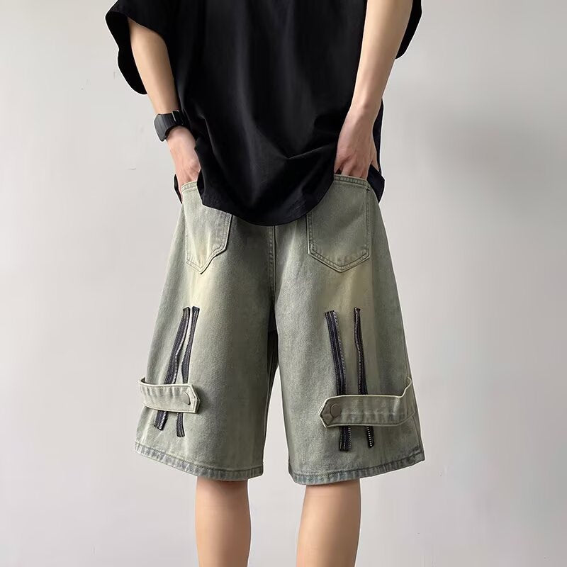 Retro Yellow Mud-Dyed Denim Zippered Niche Five-Quarter Pants