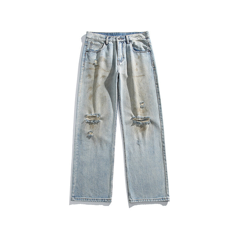 Washed and Worn Knee Hole Loose Jeans for Men