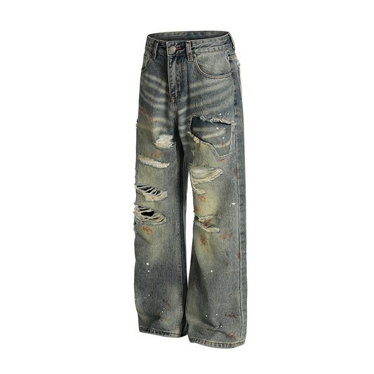 Ripped Long Denim Straight Leg Pants for Men