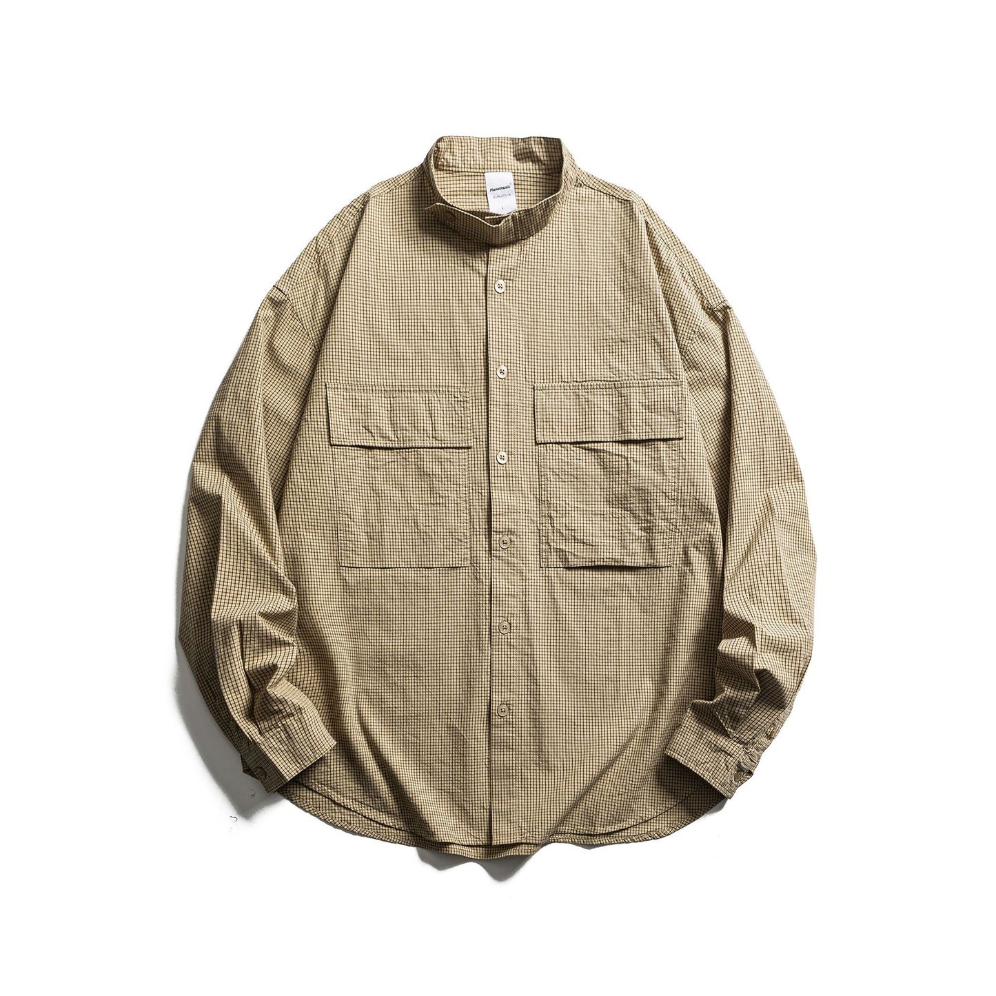 Loose Long Sleeve Shirt with Plaid Pattern and Patch Pocket