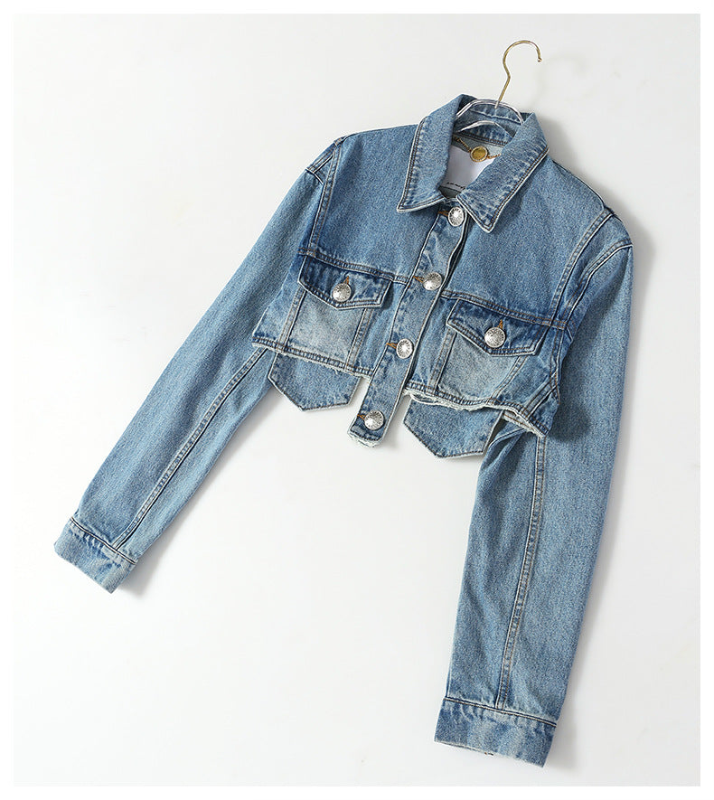 Deep Fried Street Pocket Bright Pink Short Tassel Denim Motorcycle Jacket