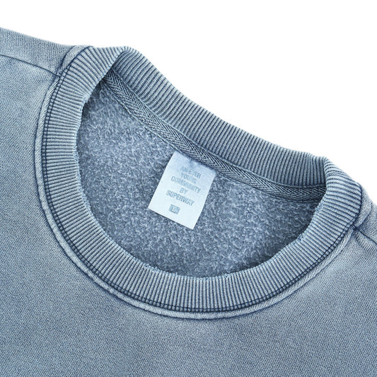 Heavy-Wash Bleached Embroidered Solid Color Fleece Crewneck Sweatshirt for Men