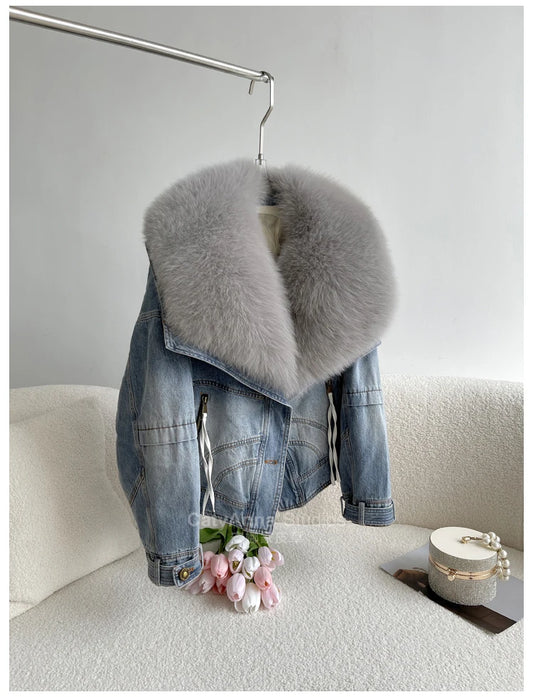 Women's Casual Denim Jacket with Fox Fur Collar