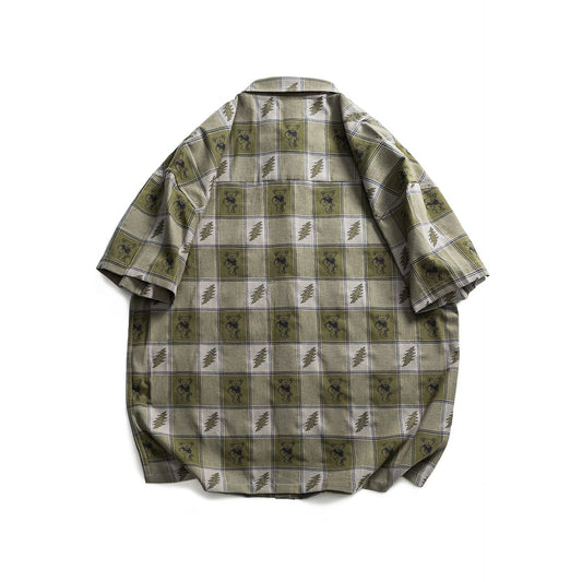 Bear Color Blocked Woven Casual Short Sleeve Shirt for Men and Women