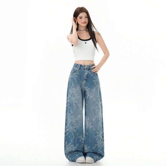 Women's High-Waisted Blue Floral Denim Pants