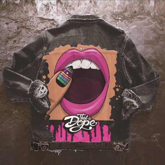 Women's Denim Jacket with Lips Print