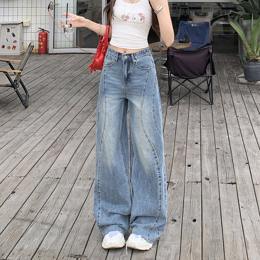 Washed Wide-Leg Jeans for Women - High-Waist Loose Frayed Straight Pants