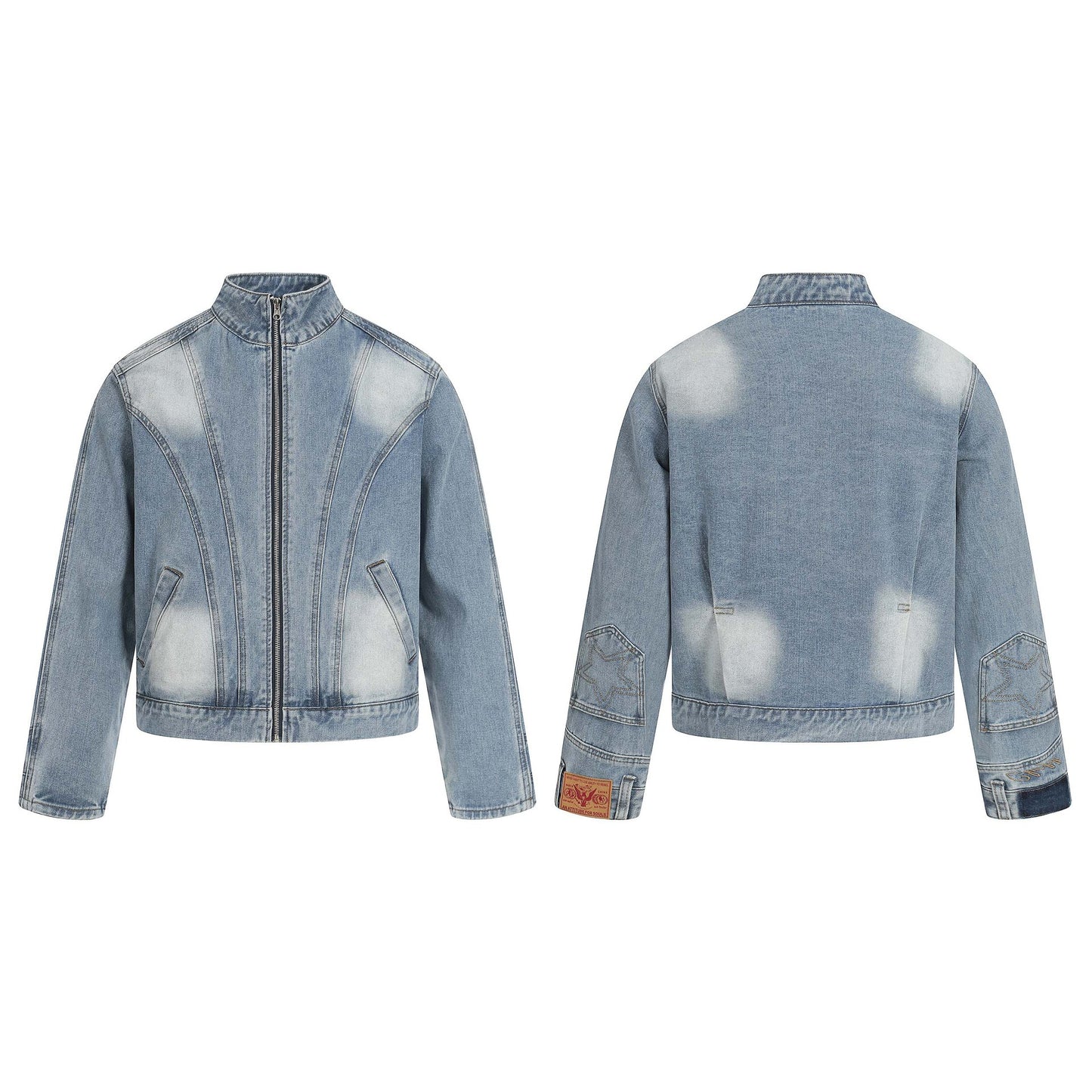 Distressed Unisex Reversed Denim Jacket with Hand-Sleeve