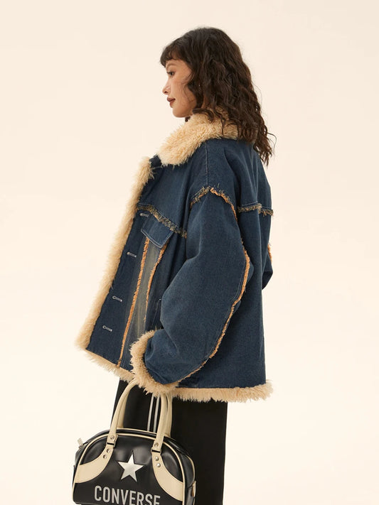 Women's Denim Coat with Fur Lapel - Single Breasted