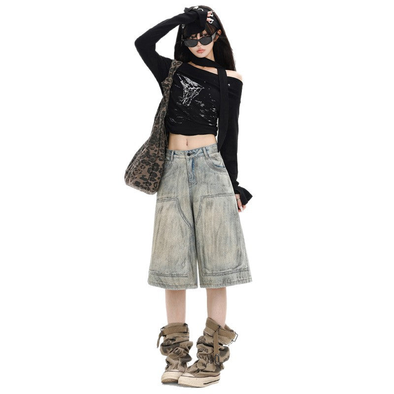 Denim Capri Pants for Women - Loose High Waist Straight Leg Trousers