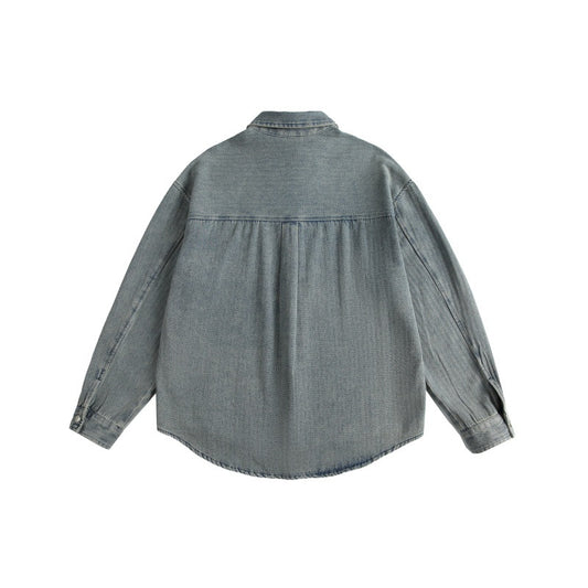 Minimally Washed Vintage Light Denim Long Sleeve Shirt for Men