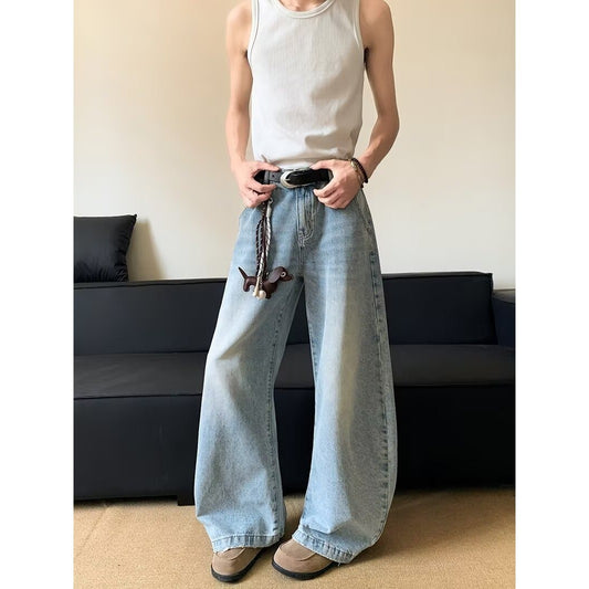 Washed Curved Knife Denim Loose Straight Leg Casual Pants